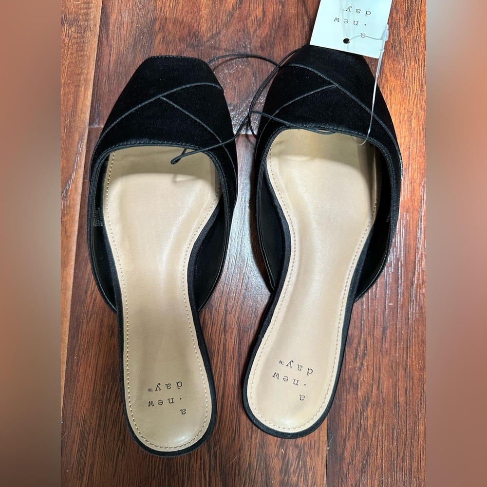 A New Day Trina Black Satin Peep Toe Mules